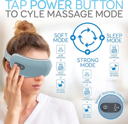 Eye Massager with Heat - Rechargeable Smart Stress Relief Therapy Folding Massage Visor Mask W/Adjustable Headband, Acupressure Pneumatic, Air Pressure, Timer, Hot Compress