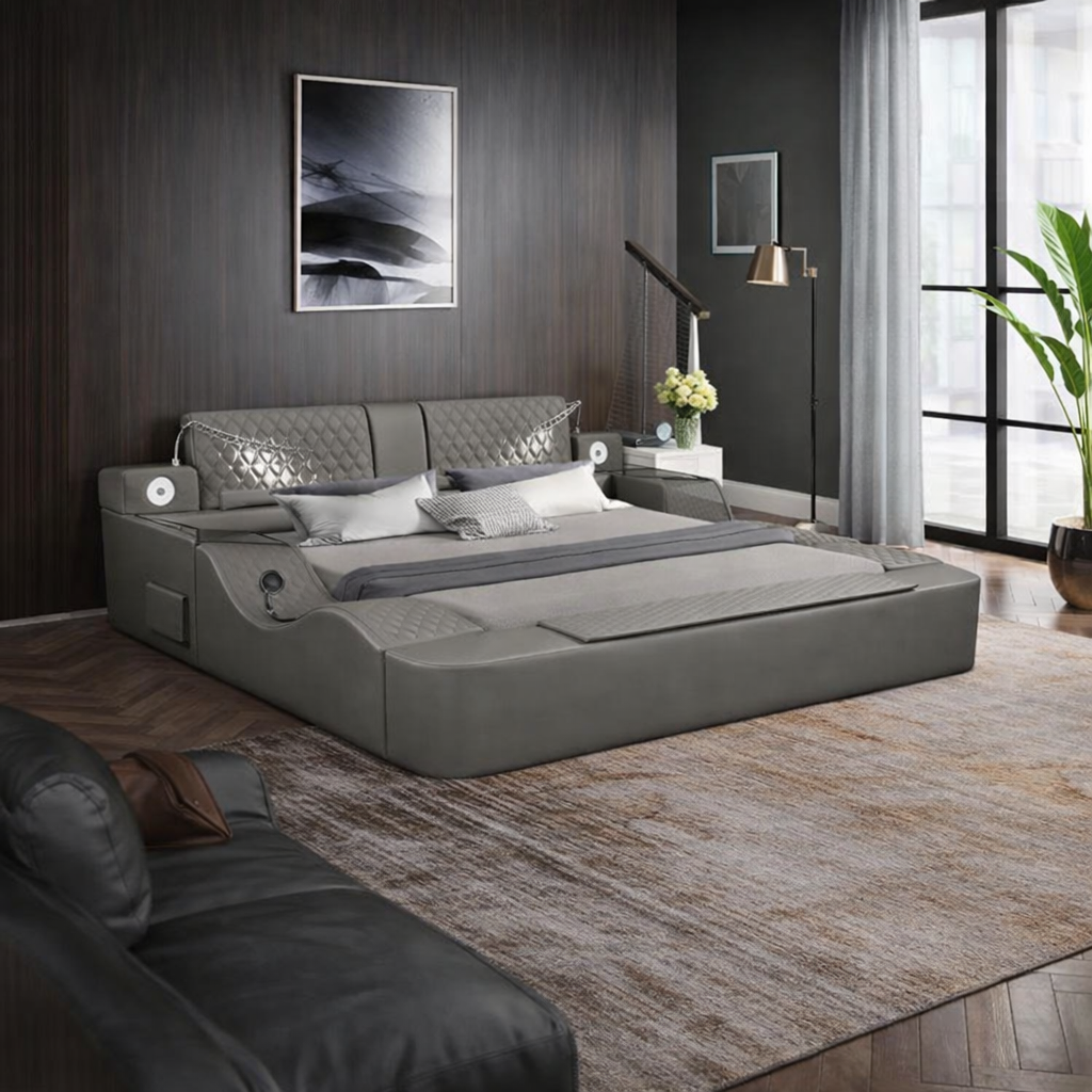 Smart Multifunctional Queen Size Bed Made with Wood in Gray