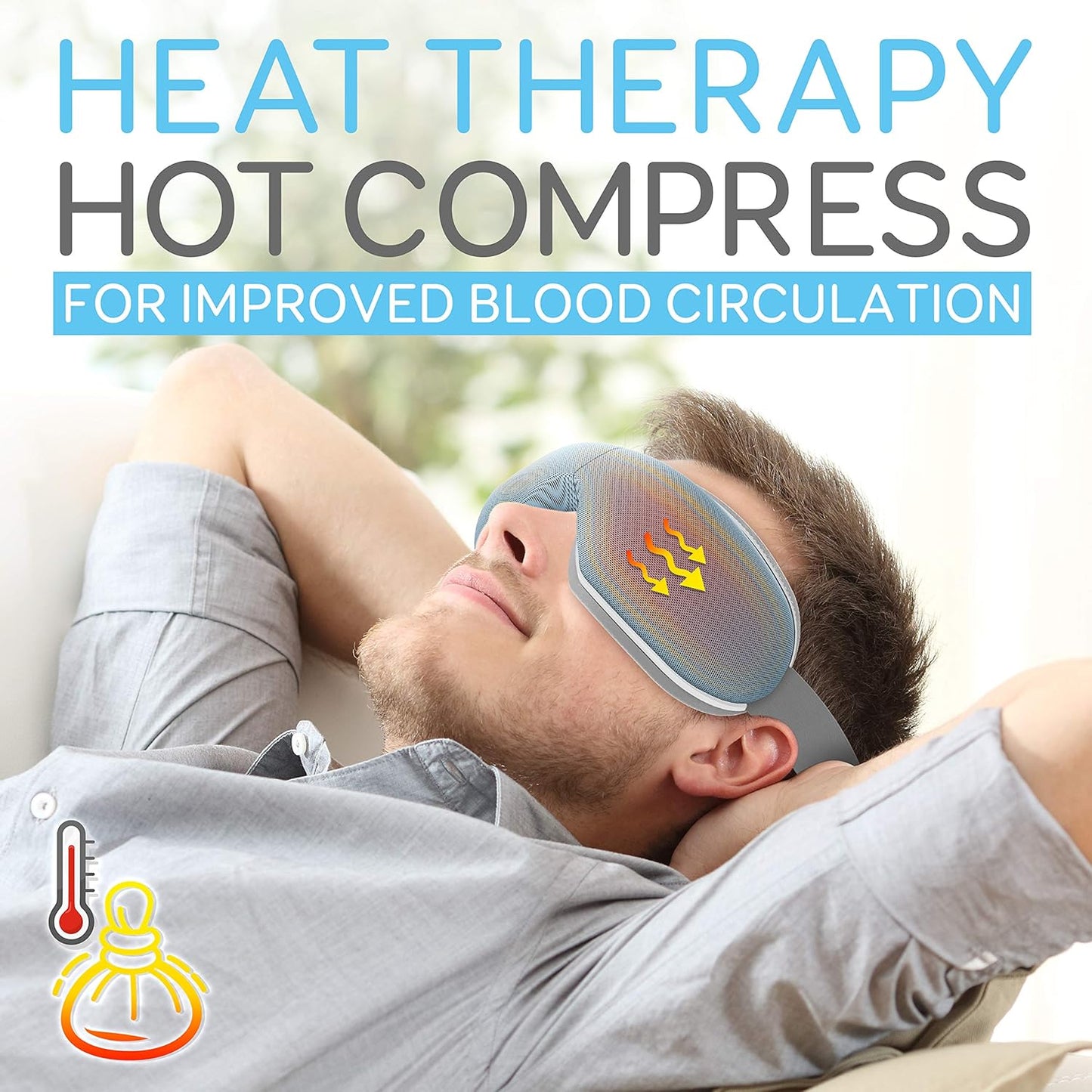 Eye Massager with Heat - Rechargeable Smart Stress Relief Therapy Folding Massage Visor Mask W/Adjustable Headband, Acupressure Pneumatic, Air Pressure, Timer, Hot Compress