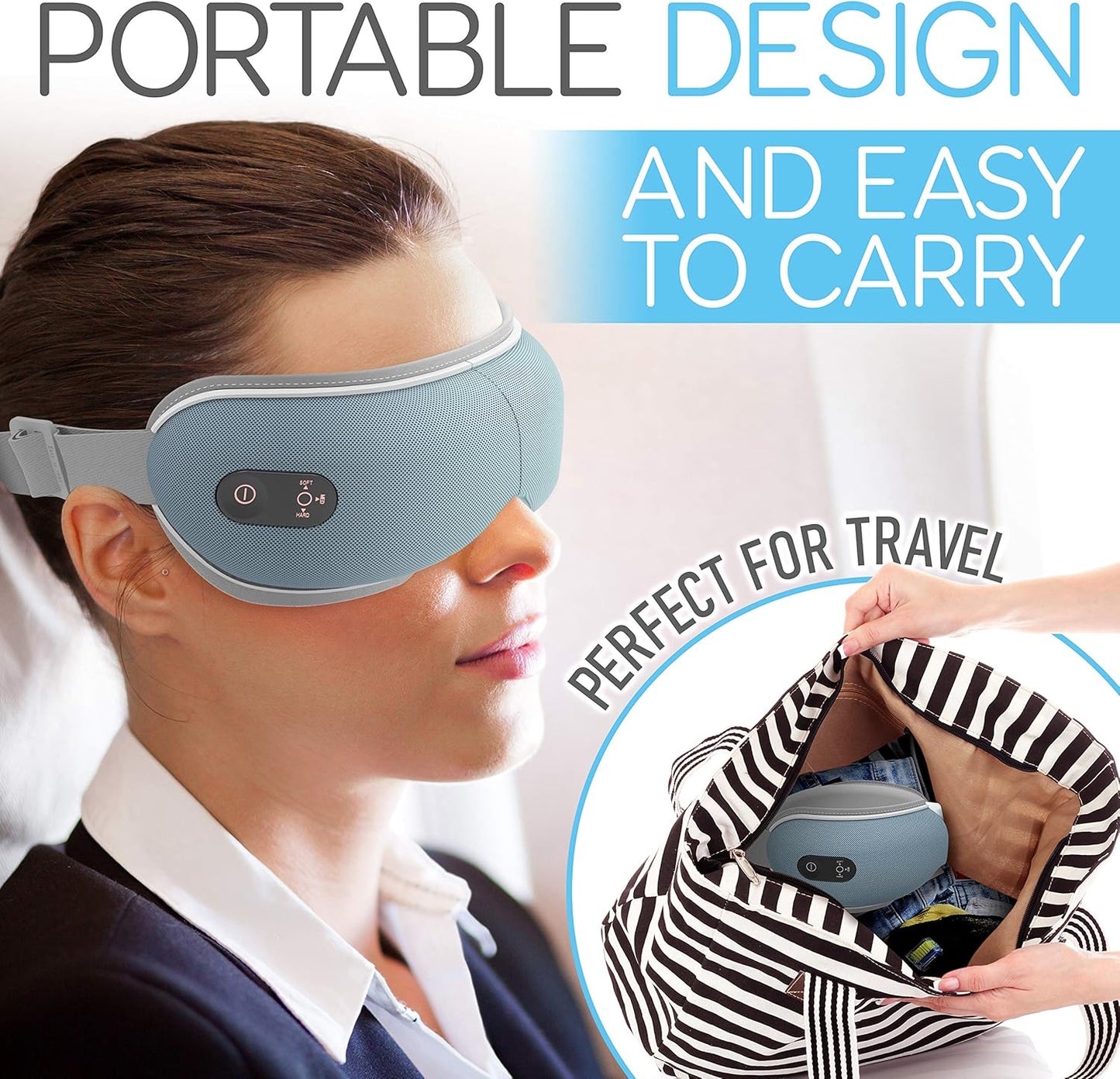Eye Massager with Heat - Rechargeable Smart Stress Relief Therapy Folding Massage Visor Mask W/Adjustable Headband, Acupressure Pneumatic, Air Pressure, Timer, Hot Compress