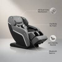 4D Deluxe Gray and Black Zero Gravity and Space Saving Faux Leather Heated Massage Chair with Sl-Track and Bluetooth — infographic