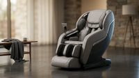 4D Deluxe Gray and Black Zero Gravity and Space Saving Faux Leather Heated Massage Chair with Sl-Track and Bluetooth — Lifestyle
