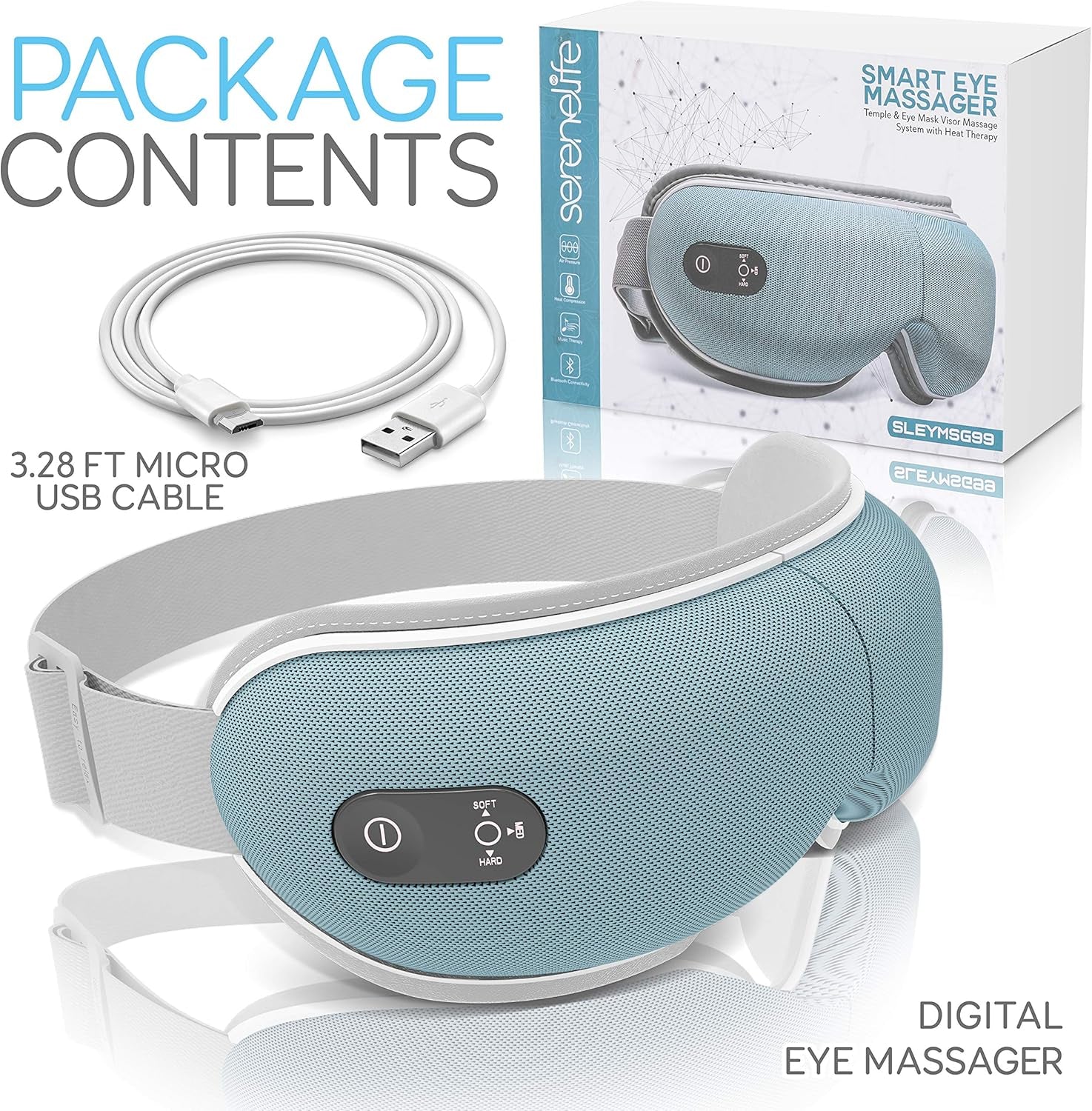 Eye Massager with Heat - Rechargeable Smart Stress Relief Therapy Folding Massage Visor Mask W/Adjustable Headband, Acupressure Pneumatic, Air Pressure, Timer, Hot Compress
