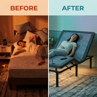 Adjustable Bed Frame Smart Bed Twin XL - Upholstered Bed Base with Massage, Wireless Remote, Ergonomic Foot&Head Incline, Zero Gravity, Dual USB Ports, under Bed Light, 3100 Series Grey — Before & After