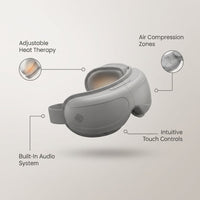 Grey Eye Massager, Heated Eye Mask for Migraines with Music, Smart Migraine Massager Reduce Dry Eyes Improve Sleep — infographic