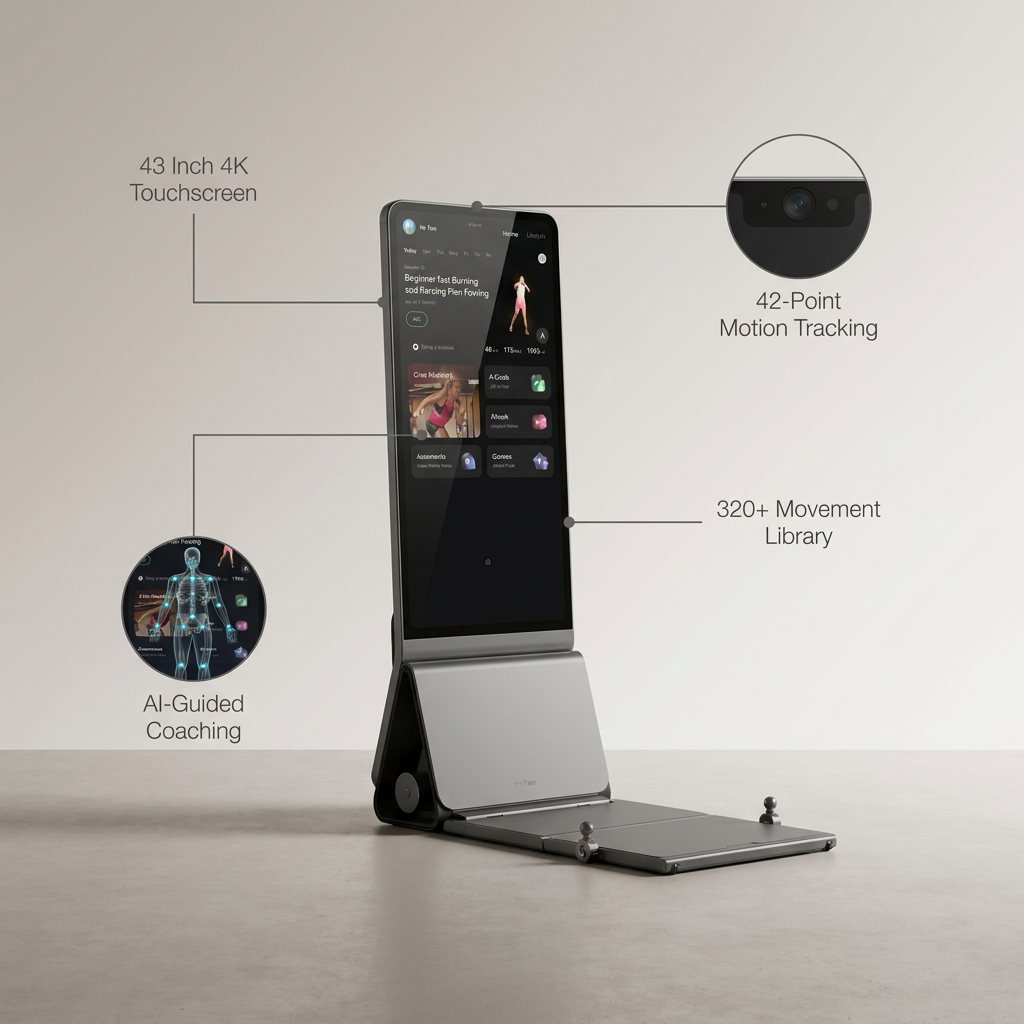 Smart Home Gym Built for AI-Guided Workouts, 42-Point Motion Tracking, 43 4K Touchscreen, 320+ Movements — infographic